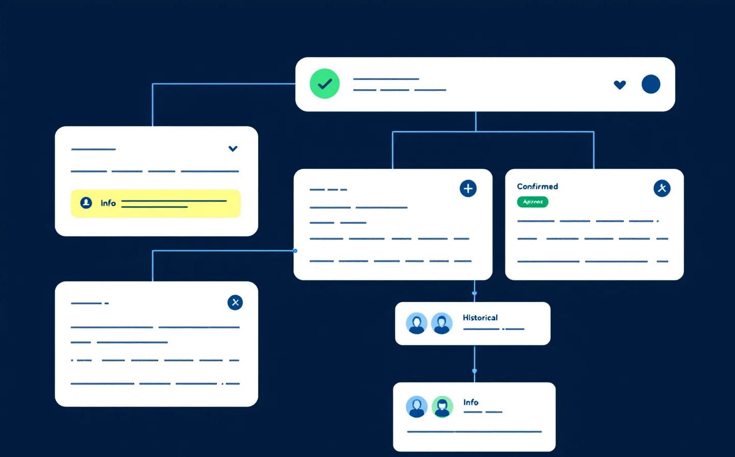 An operational status-console schematic: a stack of abstract green, amber and blue status-badge pills beside a stepped blue signal-cascade node chain ending in a green-dotted output node, on a deep graphite ground