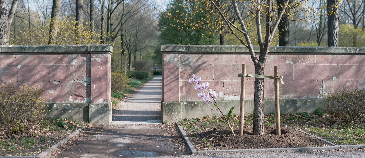 A newly supported street tree beside an opening in a weathered rose-stone park wall